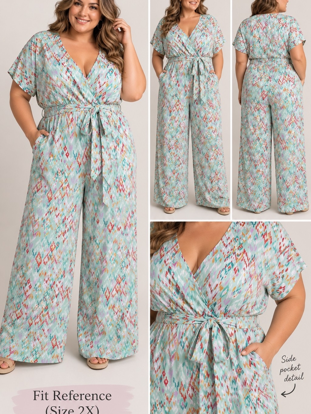 NoFlik Plus Size 2X Mint Aztec-like Print Wrap Jumpsuit with Tie Waist NWOT